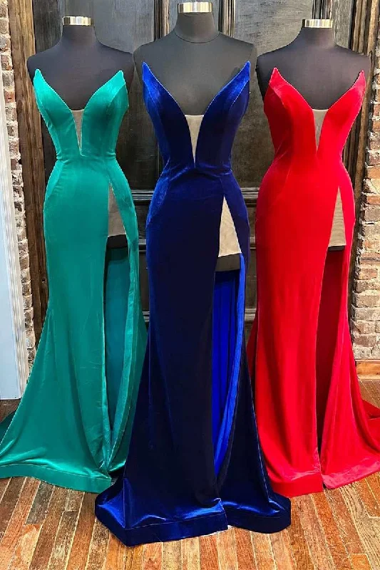 Formal Dress for Destination WeddingsRed Velvet Strapless Mermaid Long Formal Dress with Slit