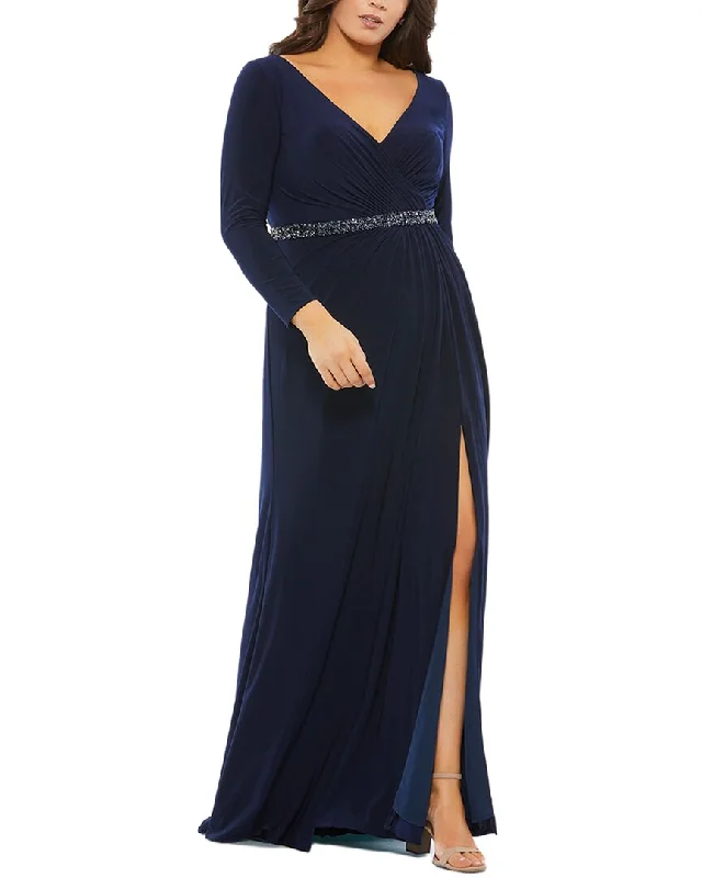 Formal Dress for Resort EventsMac Duggal Plus Beaded Belt Jersey Faux Wrap multicolor Gown