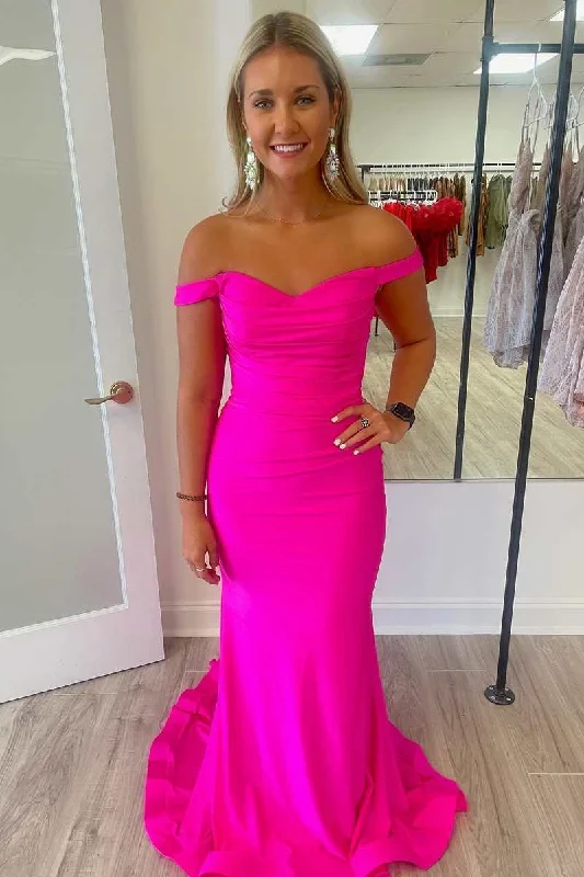 Formal Dress for DebutantesElegant Neon Pink Off-the-Shoulder Mermaid Long Formal Gown