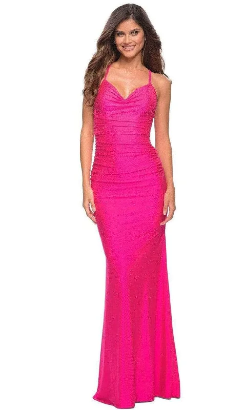 spaghetti strap prom dressesLa Femme - Cowl Beaded Ruched Prom Dress 30658SC