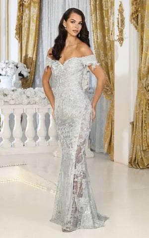 sleeveless prom dressesMay Queen RQ8074 - Off Shoulder Beaded Lace Prom Gown