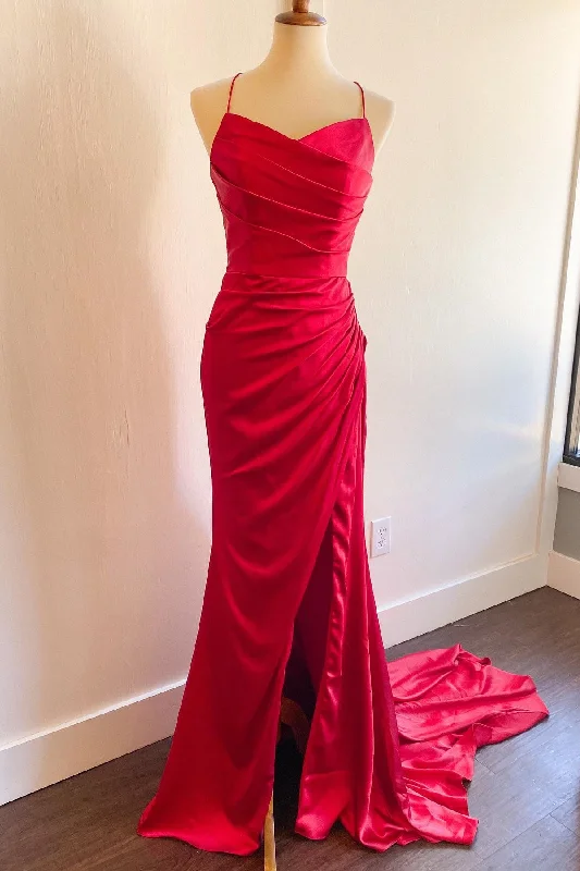 Formal Dress for Bar MitzvahsStraps Red Ruched Mermaid Long Formal Dress