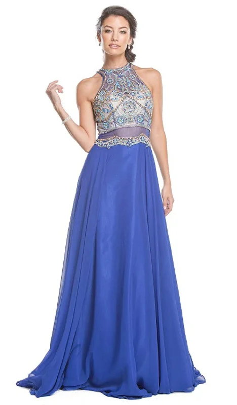 beaded prom dressesTrevi Collection - Embellished Illusion Halter A-line Prom Dress