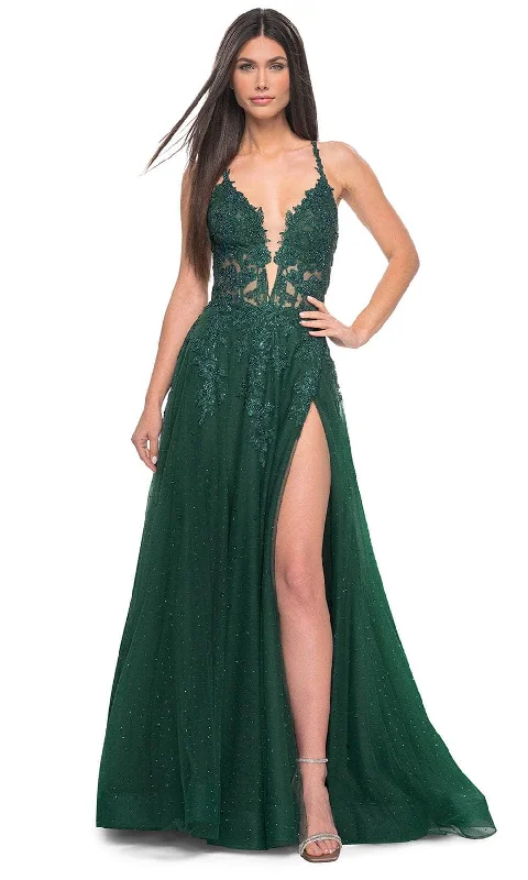 two-piece prom dressesLa Femme 32147 - Lace Applique Prom Dress with Slit