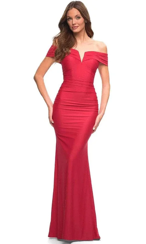 prom dresses with sequin detailingLa Femme - V-Neck Mermaid Prom Gown 30582SC