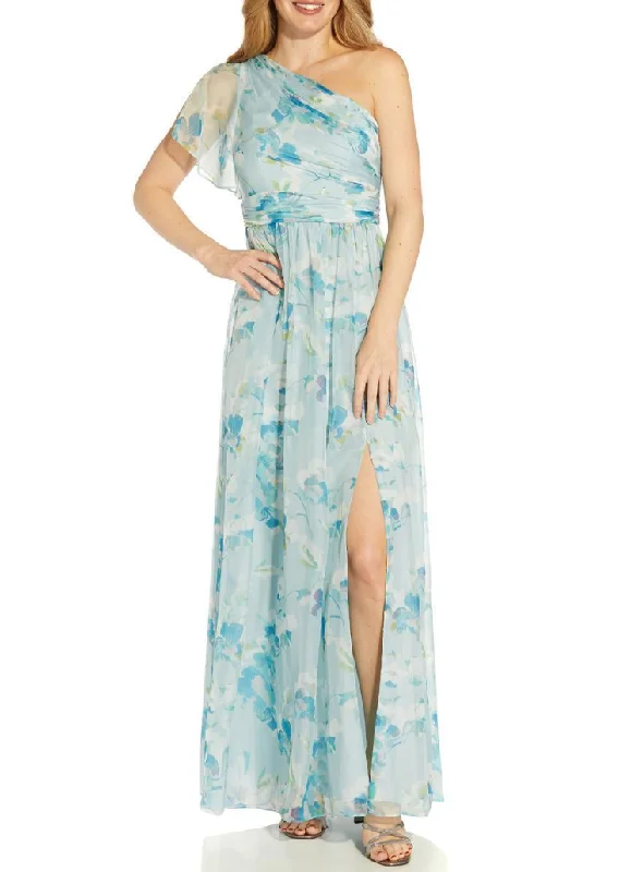 Formal Dress for Military Ballsadrianna papell blue floral one shoulder chiffon gown