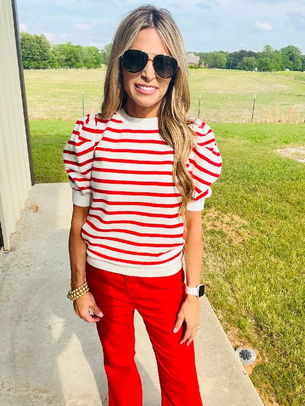 three-quarter sleeve women's topsBETTER IN STRIPES TOP- RED