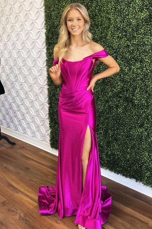 Formal Dress for Historical ReenactmentsMagenta Satin Off-the-Shoulder Mermaid Long Formal Dress with Slit