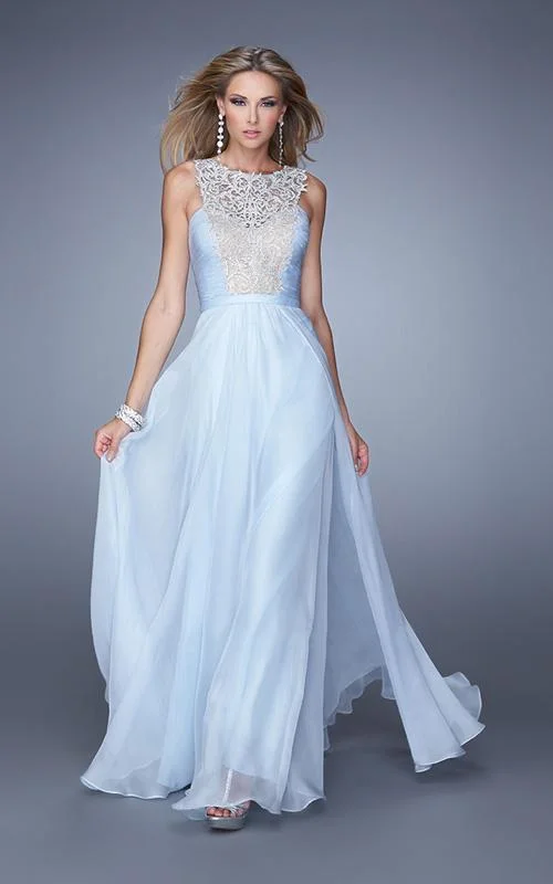 silk prom dressesLa Femme - 21222SC Embroidered Ruched Chiffon Prom Dress - 1 pc Powder Blue In Size 4 Available