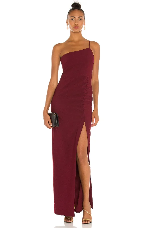 Formal Dress for Black-Tie Optional Events4 - likely burgundy one shoulder ruched gown