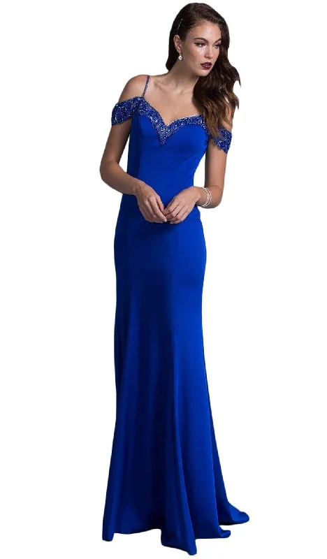 open-back prom dressesTrevi Collection - Long Bedazzled V-neck Sheath Prom Dress