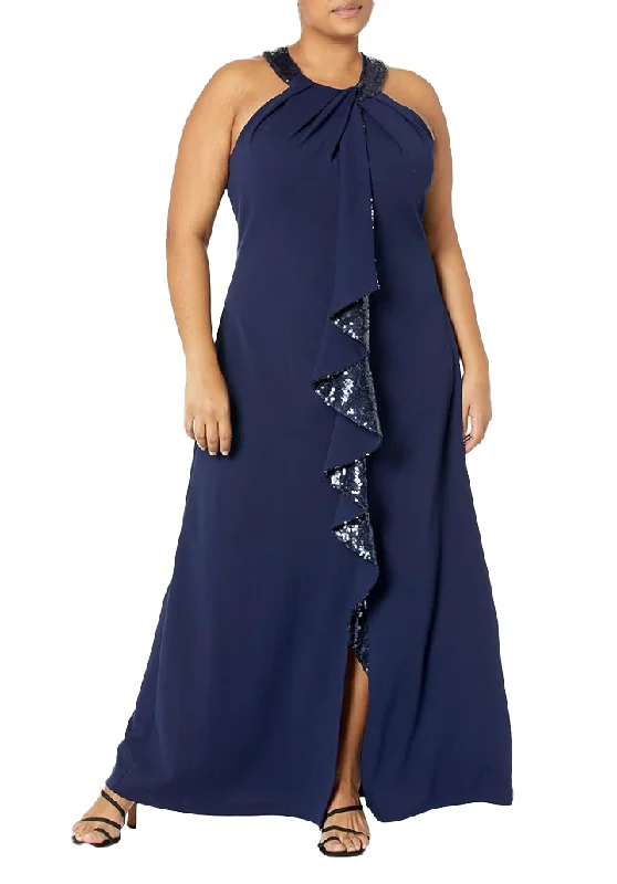 Formal Dress for Creative Themes16W - sl fashions navy sequin ruffle halter gown