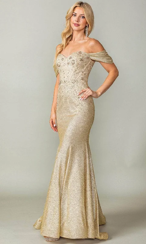 glamorous prom dressesDancing Queen 4362 - Embroidered Off Shoulder Prom Dress