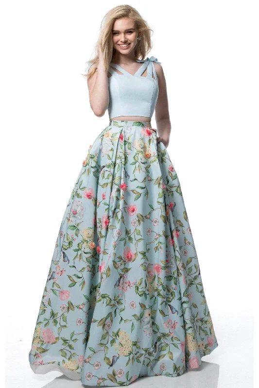 illusion sleeve prom dressesSherri Hill - V-Neck Floral Pleated Prom Dress 51959