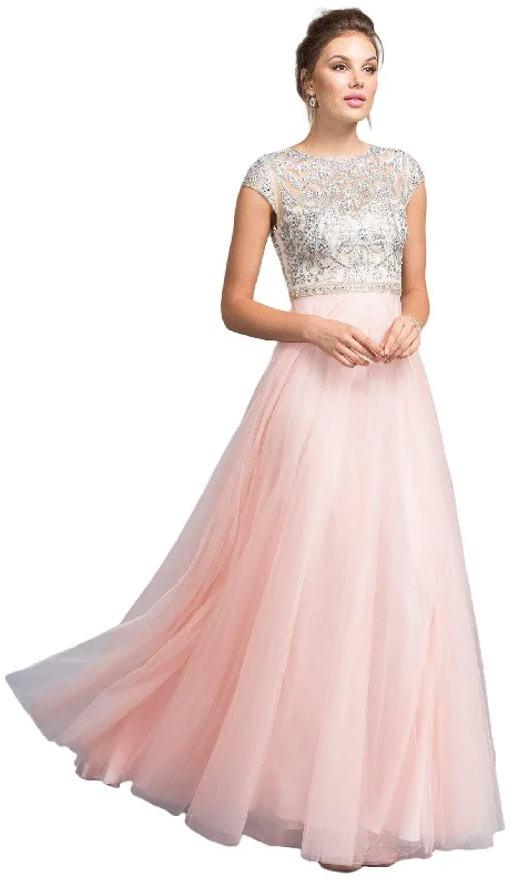 prom dress fitting adviceTrevi Collection - Embellished Cap Sleeve A-line Prom Dress