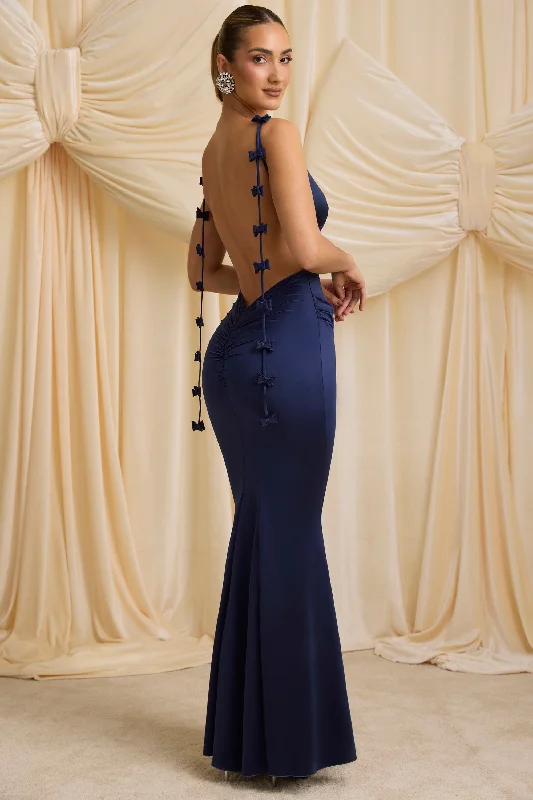 Formal Dress for Bohemian ThemesBow-Detail Draped Open-Back Gown in True Navy