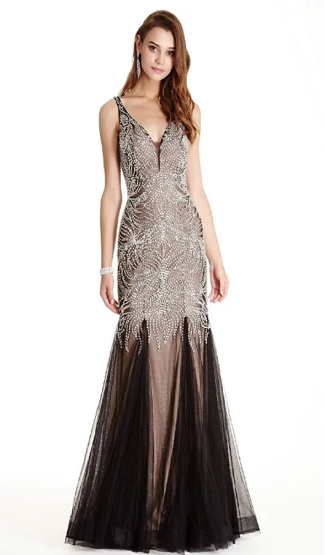 convertible prom dressesTrevi Collection - Dazzling Deep V-neck Trumpet Prom Dress