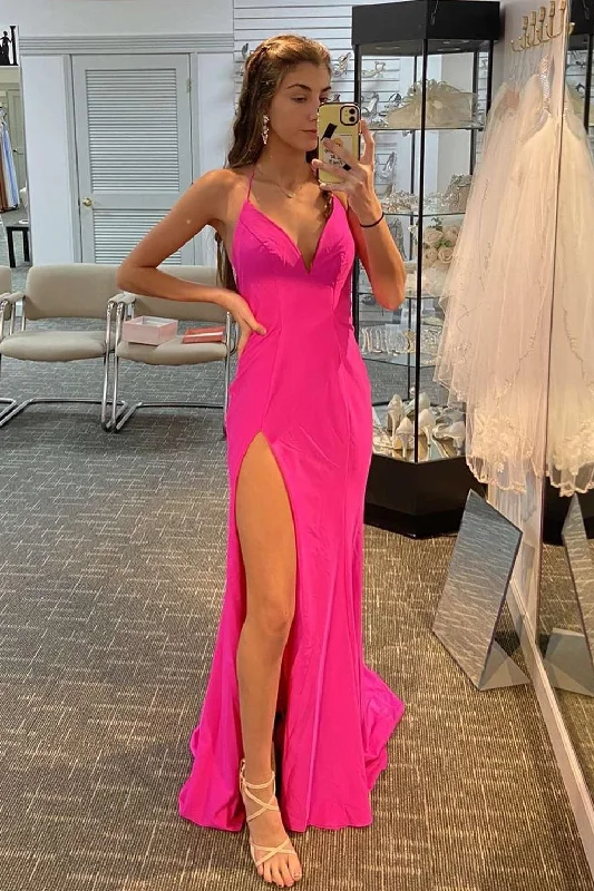 Formal Dress for Grammy AwardsHot Pink Mermaid Halter Long Formal Dress