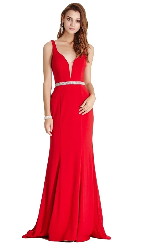 prom dresses with sheer overlaysTrevi Collection - Embellished Deep V-neck Sheath Prom Dress