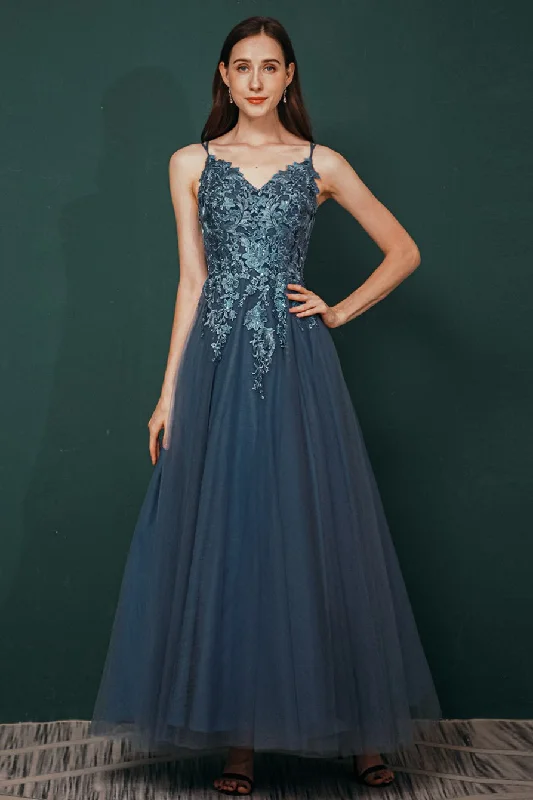 Formal Dress for Religious CeremoniesNavy Blue Appliques A-line Long Formal Gown