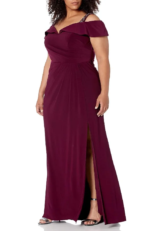 Formal Dress for Garden Weddings14W - xscape wine red off the shoulder ruched jersey gown