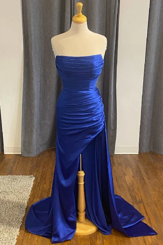 Formal Dress for Cultural ParadesBlue Satin Strapless Mermaid Long Formal Dress with Slit