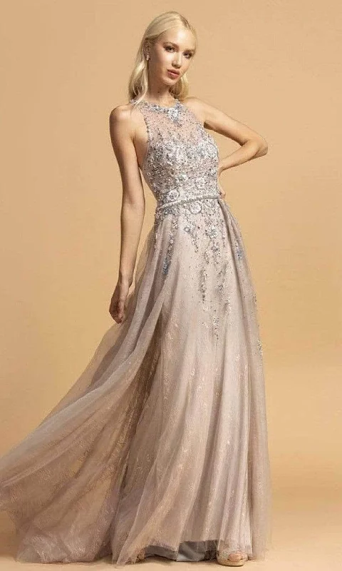 prom dresses with floral embroideryTrevi Collection - Halter Floral Beaded Prom Dress L2155 - 1 pc Silver - Blush In Size M Available