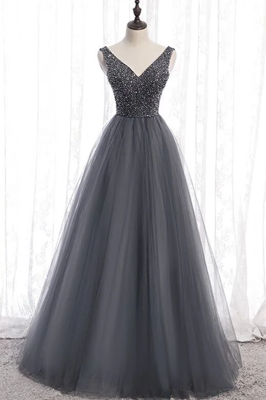 Formal Dress for Fashion WeeksClassic A-line Grey Tulle Long Formal Dress