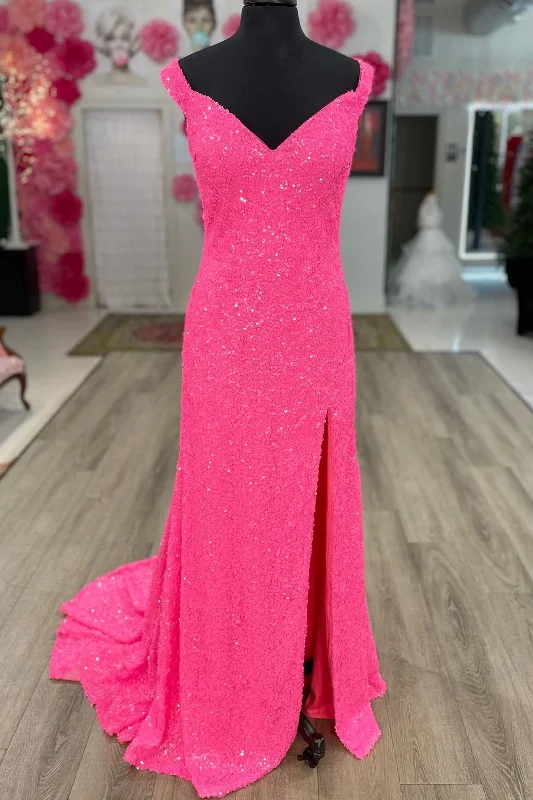 Formal Dress for Rustic ThemesModest Hot Pink Sequin Mermaid Side Slit Formal Dress