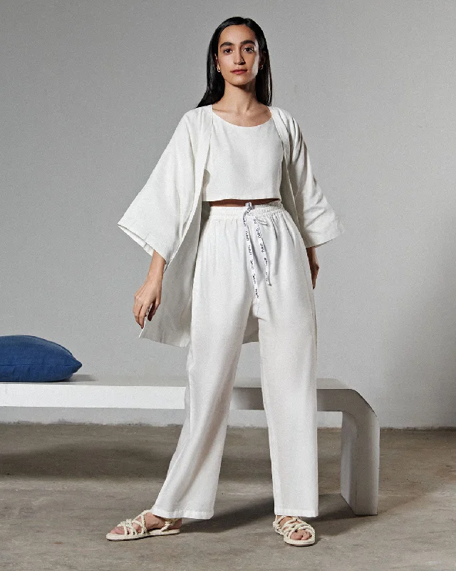 women's tops for wedding guest attireWhite Kimono Crop Top And Pant Set