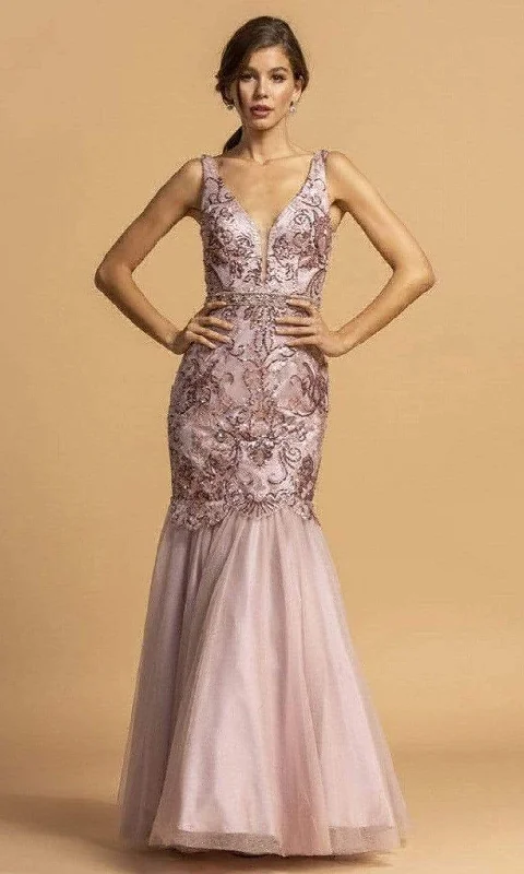 sparkly prom dressesTrevi Collection - L2203 Appliqued Trumpet Simple Prom Dress