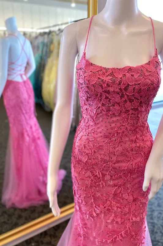 Formal Dress for Small WeddingsHot Pink Appliques Beaded Lace-Up Back Mermaid Long Formal Dress