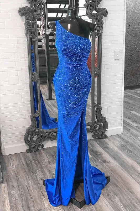 Formal Dress for Garden WeddingsBlue Beaded One-Shoulder Ruched Long Formal Dress with Slit