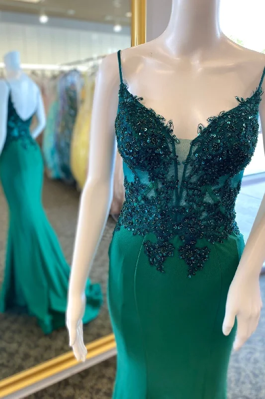 Formal Dress for Religious CeremoniesStraps Green Appliques Mermaid Long Formal Dress