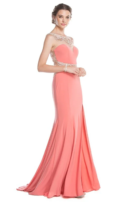 mermaid prom dressesTrevi Collection - Embellished Illusion Bateau Fitted Prom Dress