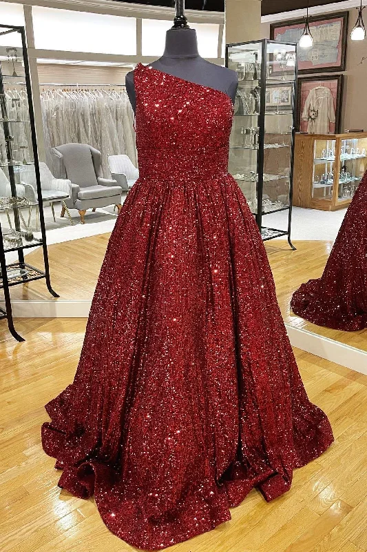 Formal Dress for GalasWine Red Sequin One-Shoulder Ball Gown