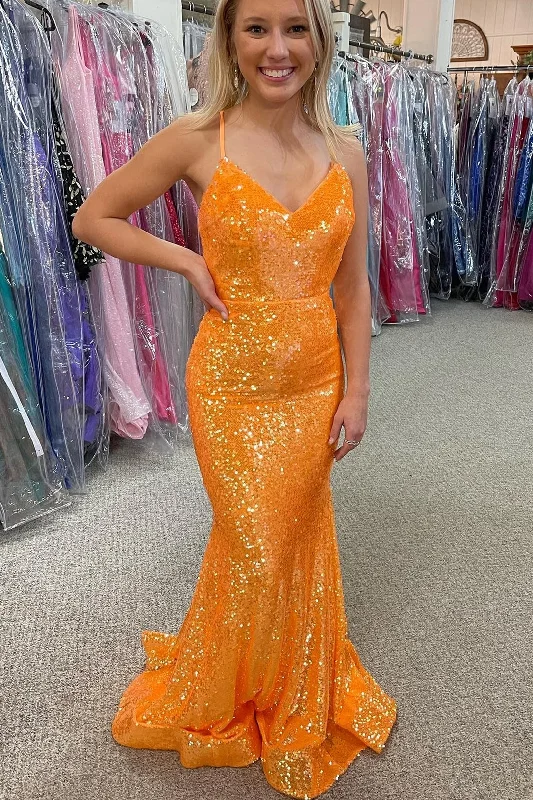 Formal Dress Shops in New YorkSparkle Orange Sequin Mermaid Long Formal Dress