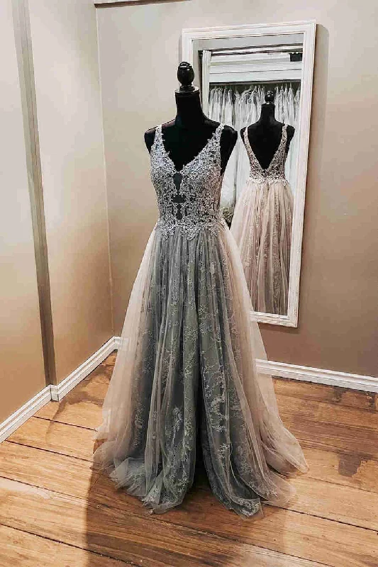 Formal Dress for Polo MatchesElegant Backless Grey Lace Formal Dress