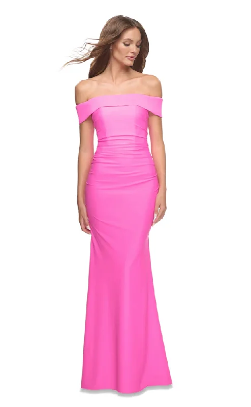 Formal Dress for Charity Awardsla femme hot pink off the shoulder stretch satin gown