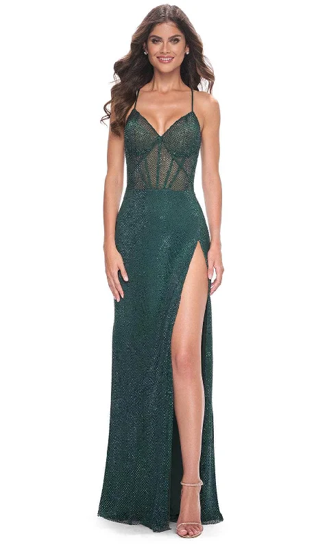 petite prom dressesLa Femme 32247 - Fishnet V-Neck Prom Dress