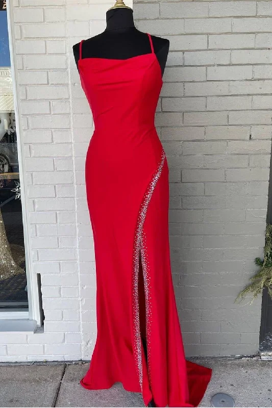 Formal Dress for Large WeddingsGorgeous Red Spaghetti Straps Mermaid Long Formal Dress with Sit