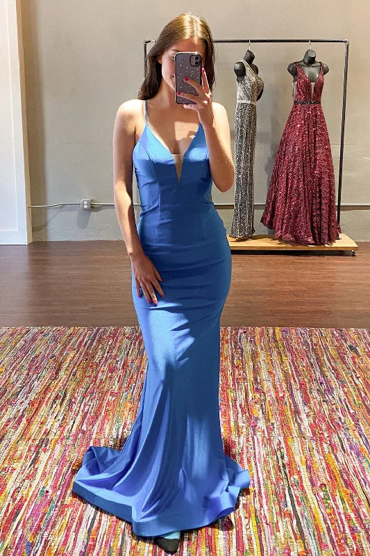 Formal Dress for Military BallsStraps Mermaid Royal Blue Long Formal Dress with Open Back