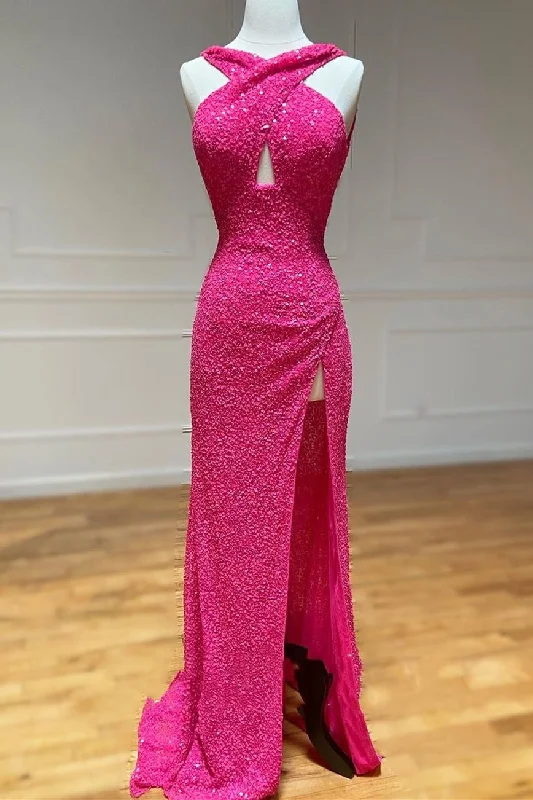 Formal Dress for Costume BallsCross Front Hot Pink Sequins Mermaid Long Formal Dress