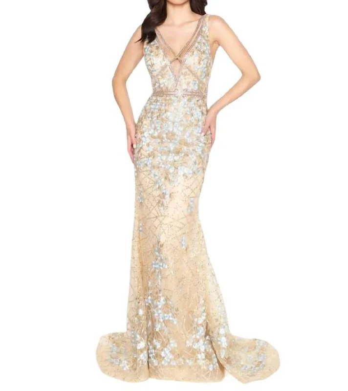 Formal Dress for DebutantesFloral Couture Gown In Gold