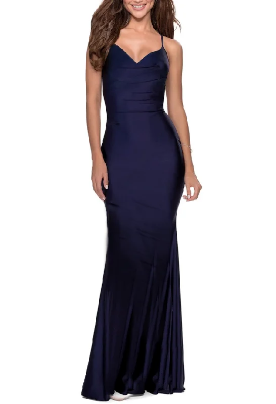 Formal Dress for International Events10 - xscape navy strappy ruched stretch satin gown