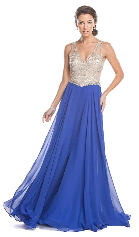 lace prom dressesTrevi Collection - Jeweled Plunging V-neck Prom Dress