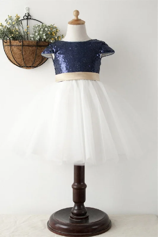 Formal Dress for PromsCute Navy Blue Ball Gown Sequined Flower Girl Dress