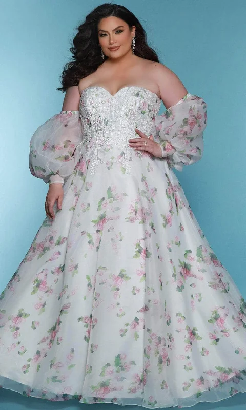 long prom dressesSydney's Closet Bridal SC5323 - Floral Printed Sweetheart Neck Prom Gown