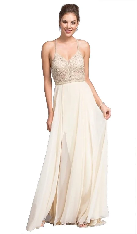 classic prom dressesTrevi Collection - Beaded Halter V-neck Prom A-line Dress