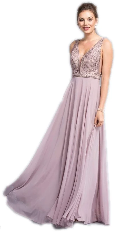 prom dresses with beaded accentsTrevi Collection - Ornate Deep V-neck A-line Prom Dress